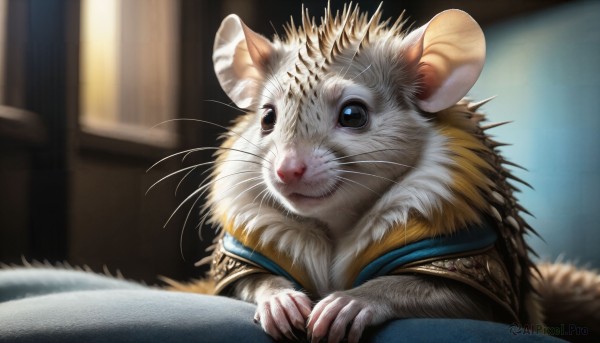 HQ,solo,looking at viewer,closed mouth,indoors,blurry,black eyes,no humans,depth of field,blurry background,animal,cat,realistic,animal focus,mouse,whiskers,blue eyes,portrait,close-up,white fur