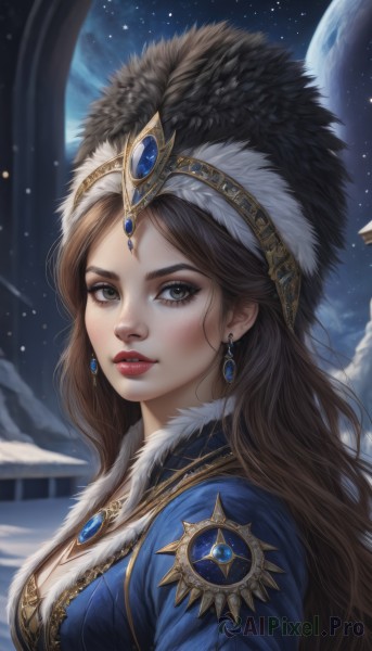 1girl,solo,long hair,breasts,looking at viewer,brown hair,hat,cleavage,brown eyes,jewelry,medium breasts,upper body,earrings,parted lips,sky,artist name,signature,necklace,from side,lips,fur trim,eyelashes,makeup,night,moon,lipstick,gem,star (sky),night sky,snow,starry sky,freckles,snowing,nose,red lips,space,planet,fur hat,ushanka,bangs,dress,blurry,blue dress,feathers,portrait,eyeshadow,realistic,headdress,hat feather