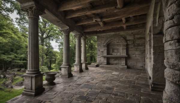 outdoors,sky,day,cloud,tree,no humans,grass,plant,nature,scenery,forest,stairs,road,bush,architecture,ruins,pillar,statue,path,arch,column,pavement,stone floor,sunlight