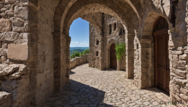 outdoors,sky,day,cloud,water,tree,blue sky,no humans,window,building,scenery,stairs,fantasy,door,road,wall,ruins,pillar,arch,column,bird,ocean,plant,rock,mountain,architecture,brick wall,landscape,path,stone,stone floor,stone wall