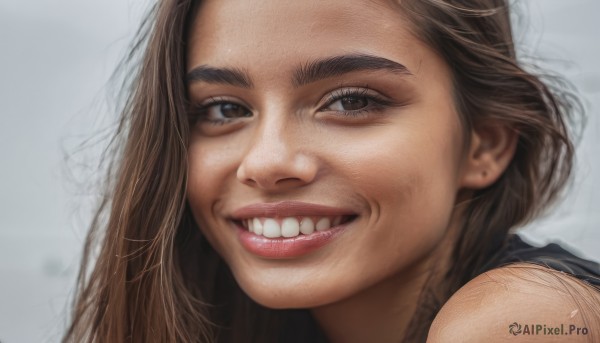 1girl,solo,long hair,looking at viewer,smile,simple background,brown hair,brown eyes,teeth,grey background,grin,lips,thick eyebrows,portrait,forehead,realistic,nose,open mouth,bare shoulders,signature,eyelashes,close-up