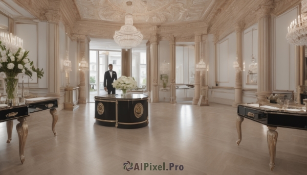 solo,short hair,black hair,long sleeves,1boy,standing,jacket,flower,male focus,day,pants,indoors,black jacket,window,chair,formal,table,sunlight,suit,plant,instrument,scenery,light rays,wooden floor,door,potted plant,lamp,architecture,wide shot,pillar,vase,statue,piano,candlestand,chandelier,necktie,black pants,white flower,reflection,candle,white rose,black suit,painting (object)