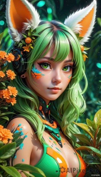 1girl,solo,long hair,breasts,looking at viewer,smile,bangs,hair ornament,animal ears,cleavage,bare shoulders,jewelry,medium breasts,closed mouth,green eyes,upper body,flower,multicolored hair,earrings,outdoors,green hair,shiny,artist name,signature,hair flower,blurry,from side,lips,animal ear fluff,fox ears,eyelashes,makeup,depth of field,blurry background,headgear,leaf,watermark,facial mark,plant,web address,freckles,pink lips,nose,whisker markings,facepaint,mascara,small breasts,sleeveless,headphones,nature,bodypaint,orange flower