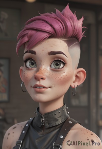 1girl,solo,looking at viewer,smile,short hair,bare shoulders,jewelry,green eyes,upper body,pink hair,earrings,parted lips,teeth,sleeveless,artist name,indoors,blurry,lips,grey eyes,eyelashes,makeup,blurry background,lipstick,portrait,eyeshadow,zipper,freckles,hoop earrings,nose,eyeliner,very short hair,undercut,dirty,mascara,lip biting,dirty face,collar,watermark,scar,web address,scar on face,spikes,realistic,strap