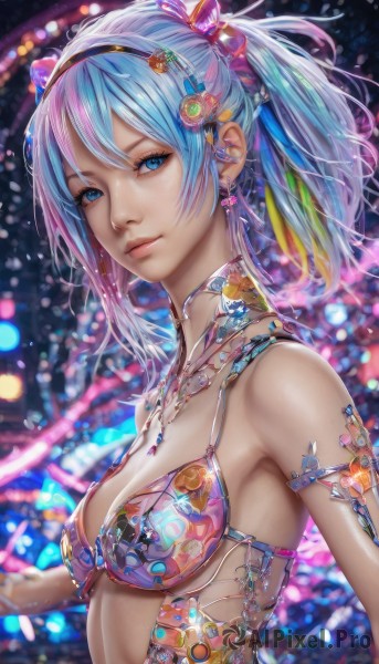 1girl,solo,breasts,looking at viewer,smile,short hair,bangs,blue eyes,hair ornament,cleavage,bare shoulders,twintails,jewelry,medium breasts,closed mouth,blue hair,swimsuit,upper body,ponytail,pink hair,bikini,multicolored hair,hairband,earrings,small breasts,shiny,necklace,blurry,from side,lips,eyelashes,depth of field,blurry background,gem,bikini top only,armlet,pink lips,realistic,nose,bokeh,long hair,bow,hair between eyes,hair bow,choker,artist name,gradient hair,watermark,piercing,revealing clothes