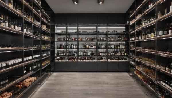 food,indoors,cup,no humans,bottle,scenery,alcohol,drinking glass,wine glass,shelf,wine bottle,shop,ceiling,bar (place),counter,ceiling light,box,tiles,tile floor,bread