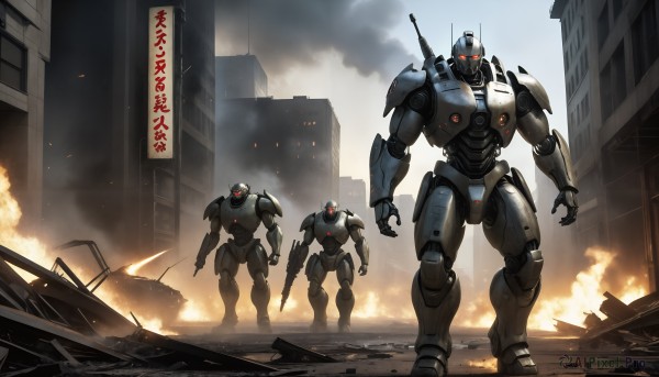 HQ,red eyes,standing,weapon,armor,gun,military,no humans,glowing,fire,robot,ground vehicle,building,mecha,motor vehicle,rifle,smoke,science fiction,city,realistic,military vehicle,car,ruins,tank,damaged,radio antenna,sky,sword,cloud,signature,glowing eyes,antennae,explosion,dust,arm blade,kaijuu