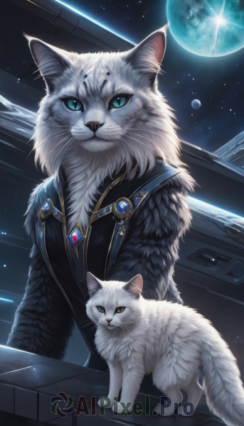 looking at viewer,blue eyes,jewelry,yellow eyes,sky,signature,no humans,animal,moon,cat,brooch,gem,star (sky),full moon,starry sky,colored sclera,space,animal focus,planet,whiskers,earth (planet),blue gemstone,white cat,solo,sitting,artist name,night,night sky,white fur,oversized animal