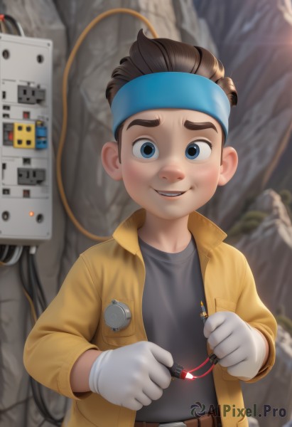 solo,looking at viewer,smile,short hair,open mouth,blue eyes,brown hair,shirt,black hair,gloves,1boy,jacket,upper body,male focus,open clothes,teeth,belt,white gloves,black shirt,blurry background,headband,thick eyebrows,robot,child,male child,dirty,jumpsuit,dirty face,blue headband,blush,holding,blurry,upper teeth only,yellow jacket,screwdriver