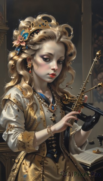 1girl,solo,long hair,looking at viewer,blonde hair,brown hair,hair ornament,gloves,long sleeves,dress,holding,brown eyes,jewelry,sitting,flower,cowboy shot,earrings,parted lips,black gloves,puffy sleeves,artist name,indoors,hair flower,necklace,nail polish,black eyes,vest,bracelet,lips,fingernails,eyelashes,makeup,wavy hair,table,ring,lipstick,gem,instrument,red nails,light particles,eyeshadow,single glove,beads,curly hair,gold trim,brown skirt,glint,nose,music,red lips,eyeliner,brown dress,playing instrument,pearl necklace,sleeves past elbows,violin,mascara,red gemstone,bow (music),lute (instrument),realistic