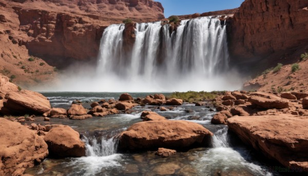 outdoors,sky,day,water,tree,blue sky,no humans,nature,scenery,rock,mountain,river,waterfall,landscape,cliff