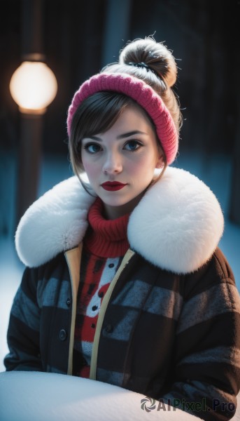 1girl,solo,looking at viewer,short hair,bangs,blue eyes,brown hair,black hair,hat,closed mouth,jacket,upper body,outdoors,open clothes,hair bun,blurry,sweater,lips,coat,fur trim,makeup,night,buttons,depth of field,blurry background,swept bangs,turtleneck,single hair bun,lipstick,eyeshadow,freckles,realistic,nose,beanie,winter clothes,red lips,red sweater,winter coat,backlighting,fur collar,lamp,lamppost