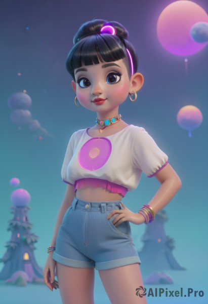 1girl,solo,looking at viewer,smile,short hair,bangs,shirt,black hair,hair ornament,brown eyes,jewelry,closed mouth,standing,white shirt,short sleeves,heart,cowboy shot,hairband,earrings,outdoors,sky,shorts,choker,midriff,puffy sleeves,artist name,dark skin,blunt bangs,necklace,hair bun,nail polish,blurry,black eyes,flat chest,bracelet,official alternate costume,dark-skinned female,lips,crop top,fingernails,hand on hip,short shorts,eyelashes,makeup,night,blurry background,single hair bun,thick eyebrows,denim,lipstick,child,contrapposto,blue shorts,denim shorts,pink shirt,hoop earrings,pink lips,red lips,female child,bangle,crop top overhang,print shirt,cropped shirt,high-waist shorts,alternate skin color,long hair,breasts,purple hair,watermark,web address,balloon