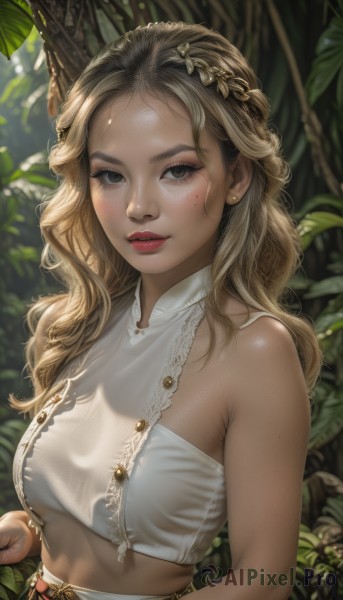 1girl,solo,long hair,breasts,looking at viewer,smile,blonde hair,brown hair,hair ornament,bare shoulders,brown eyes,jewelry,medium breasts,upper body,flower,earrings,outdoors,parted lips,teeth,sleeveless,day,midriff,hair flower,mole,blurry,black eyes,lips,crop top,mole under eye,makeup,blurry background,leaf,wavy hair,plant,nature,freckles,curly hair,realistic,red lips,dappled sunlight,mole on cheek,skirt,shirt,white shirt,braid,tree