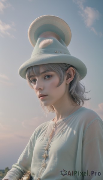 1girl,solo,looking at viewer,short hair,bangs,blue eyes,simple background,shirt,long sleeves,hat,white background,jewelry,closed mouth,white shirt,upper body,grey hair,earrings,outdoors,sky,cloud,lips,grey eyes,white headwear,realistic,stud earrings,breasts,brown eyes,parted lips,necklace,nose