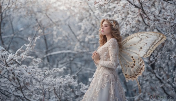 1girl, solo, long hair, brown hair, hair ornament, dress, flower, wings, white dress, tree, lips, own hands together, realistic, branch, fairy wings, fairy, butterfly wings