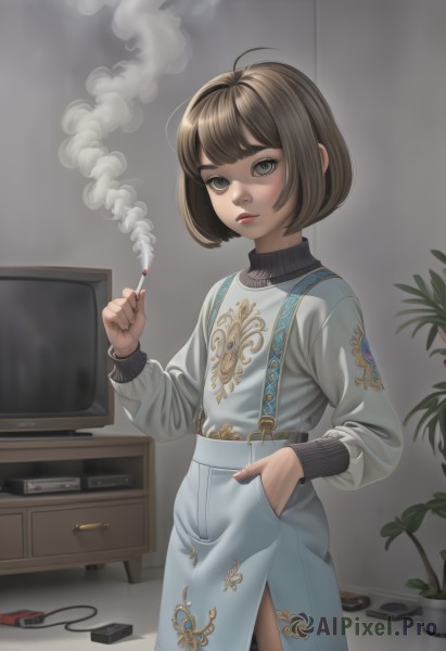 1girl,solo,looking at viewer,short hair,bangs,skirt,brown hair,long sleeves,holding,brown eyes,closed mouth,standing,ahoge,cowboy shot,indoors,sweater,lips,blue skirt,grey eyes,makeup,turtleneck,bob cut,suspenders,plant,lipstick,side slit,smoke,cigarette,hand in pocket,nose,smoking,red lips,potted plant,cable,computer,television,monitor,holding cigarette,phone,thick eyebrows