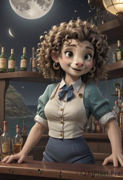 1girl,solo,breasts,looking at viewer,smile,short hair,brown hair,shirt,bow,brown eyes,short sleeves,small breasts,parted lips,sky,puffy sleeves,collared shirt,indoors,bowtie,medium hair,lips,night,buttons,blue bow,moon,bottle,messy hair,star (sky),night sky,full moon,alcohol,sleeves rolled up,starry sky,freckles,curly hair,blue bowtie,wine bottle,bar (place),counter,blush,jewelry,earrings,wavy hair,dirty