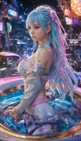 1girl,solo,long hair,breasts,looking at viewer,bangs,blue eyes,skirt,hair ornament,bare shoulders,jewelry,medium breasts,closed mouth,blue hair,swimsuit,pink hair,flower,bikini,multicolored hair,pleated skirt,earrings,detached sleeves,choker,midriff,hair flower,water,blurry,from side,lips,wet,looking to the side,petals,sideboob,depth of field,blurry background,white skirt,veil,wading,partially submerged,realistic,nose,pool,artist name,see-through,night,gem