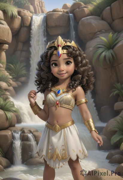 1girl,solo,long hair,breasts,looking at viewer,smile,skirt,brown hair,navel,bare shoulders,brown eyes,jewelry,standing,small breasts,outdoors,sky,day,midriff,dark skin,water,necklace,bracelet,dark-skinned female,lips,strapless,white skirt,tiara,plant,gem,child,armlet,wading,curly hair,circlet,rock,realistic,headpiece,nose,bandeau,bracer,waterfall,earrings,parted lips,teeth,watermark,wavy hair,aged down,crown,web address,pendant,cliff