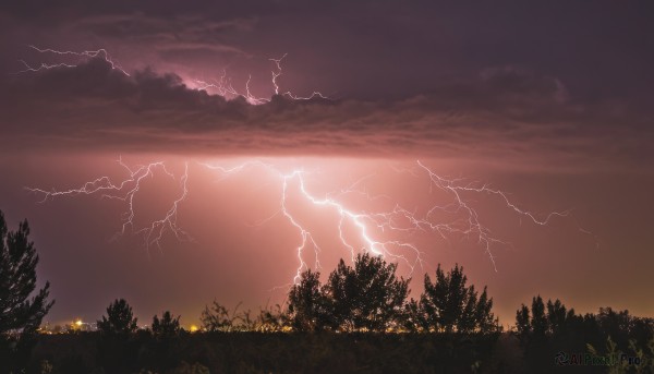 outdoors,sky,cloud,tree,no humans,cloudy sky,grass,nature,scenery,forest,sunset,electricity,lightning,landscape,red sky,night,dark