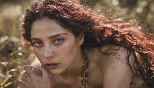 1girl,solo,long hair,looking at viewer,brown hair,jewelry,green eyes,upper body,nude,parted lips,necklace,blurry,lips,depth of field,blurry background,chain,wavy hair,portrait,freckles,curly hair,realistic,teeth,mole,makeup,dirty,mole on cheek