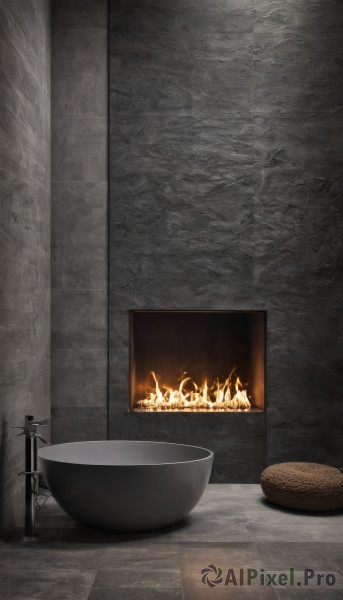 food,indoors,no humans,fire,scenery,bowl,door,tiles,candle,wall,tile floor,torch,candlestand,burning,fireplace,monochrome,chair,still life