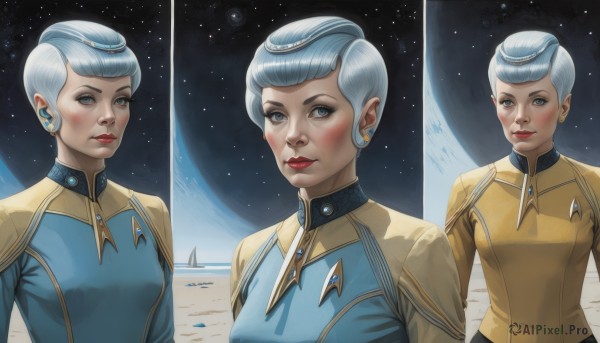 1girl,breasts,looking at viewer,blush,short hair,blue eyes,jewelry,medium breasts,blue hair,upper body,grey hair,earrings,uniform,lips,makeup,multiple views,lipstick,star (sky),science fiction,realistic,space,planet,earth (planet),pompadour,variations,smile,bangs,closed mouth,white hair,small breasts,sky,grey eyes,military,military uniform,portrait,nose,red lips,hair behind ear,very short hair,spacecraft,yellow bodysuit