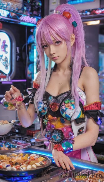 1girl,solo,long hair,breasts,looking at viewer,bangs,large breasts,hair ornament,holding,cleavage,bare shoulders,twintails,jewelry,medium breasts,upper body,pink hair,sidelocks,food,sleeveless,indoors,pink eyes,blurry,bracelet,lips,blurry background,armband,realistic,cookie,shop,shirt,closed mouth,underwear,ponytail,artist name,off shoulder,nail polish,bra,grey eyes,watermark,scrunchie,candy,bowl,mole on breast,watch,nose,wrist scrunchie,badge,egg,button badge