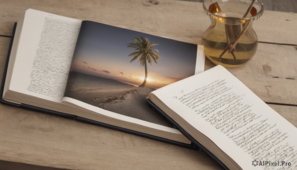 outdoors,sky,cloud,tree,book,no humans,ocean,beach,scenery,sunset,paper,open book,sand,palm tree,sun,pen,still life,cup,table,drink,horizon,evening,desert