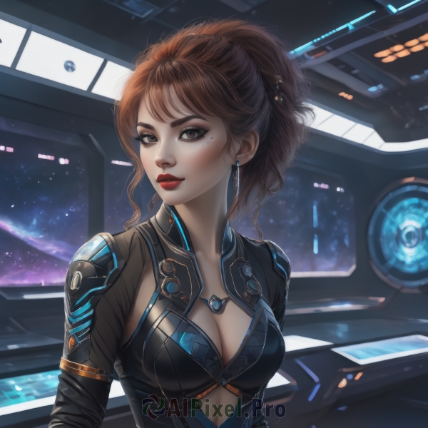 1girl,solo,long hair,breasts,looking at viewer,bangs,brown hair,hair ornament,cleavage,brown eyes,jewelry,medium breasts,upper body,ponytail,earrings,parted lips,artist name,indoors,mole,lips,clothing cutout,mole under eye,bodysuit,makeup,cleavage cutout,lipstick,eyeshadow,freckles,science fiction,realistic,red lips,eyeliner,space,necklace,spacecraft