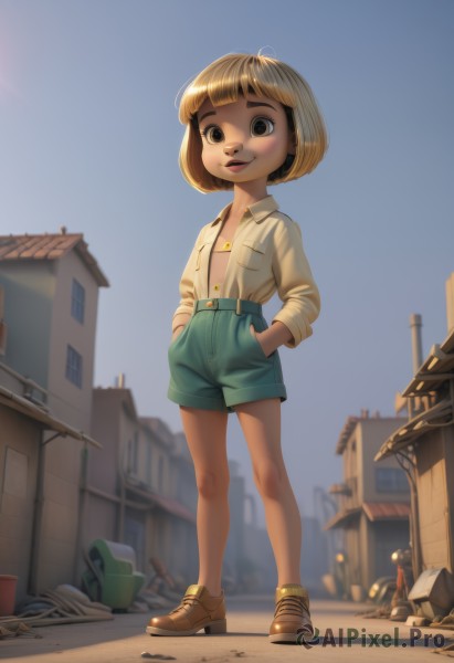 1girl,solo,looking at viewer,smile,short hair,bangs,blonde hair,brown hair,shirt,long sleeves,brown eyes,closed mouth,standing,full body,white shirt,outdoors,sky,shoes,shorts,day,socks,collared shirt,blunt bangs,flat chest,blue sky,brown footwear,bob cut,suspenders,building,child,blue shorts,pocket,yellow shirt,city,hands in pockets,female child,bucket,giant,giantess,green shorts,isabelle (animal crossing),breasts,open mouth,jewelry,jacket,small breasts,open clothes,artist name,necklace,bra,black eyes,open shirt,bell,makeup,buttons,dog ears,jingle bell,furry,furry female,dog girl,unbuttoned,yellow footwear,high-waist shorts