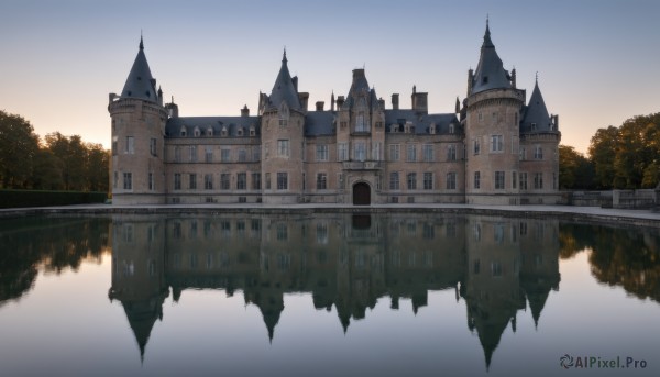 outdoors,sky,cloud,water,tree,blue sky,no humans,window,building,nature,scenery,reflection,sunset,fantasy,architecture,bridge,river,castle,tower,lake,gradient sky,reflective water,day,forest,arch