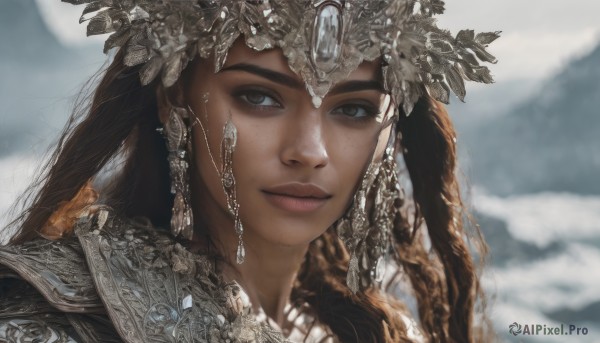 1girl,solo,long hair,looking at viewer,smile,brown hair,brown eyes,jewelry,closed mouth,earrings,outdoors,sky,dark skin,armor,blurry,dark-skinned female,lips,eyelashes,blurry background,gem,portrait,freckles,mountain,realistic,nose,hair ornament,close-up,headpiece,headdress