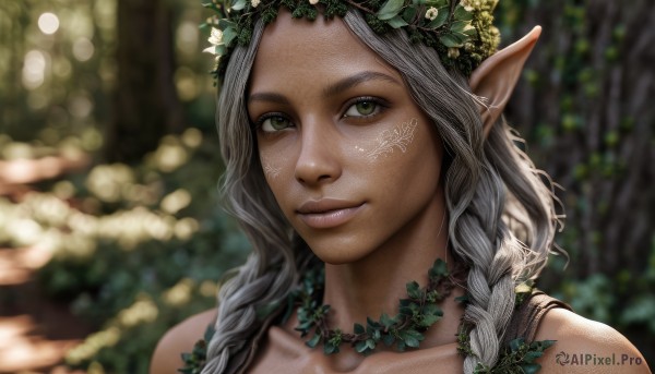 1girl,solo,long hair,looking at viewer,smile,jewelry,green eyes,braid,grey hair,pointy ears,dark skin,necklace,blurry,twin braids,dark-skinned female,lips,tattoo,depth of field,blurry background,elf,portrait,nature,forest,freckles,realistic,nose,head wreath,hair ornament,leaf,close-up,wreath