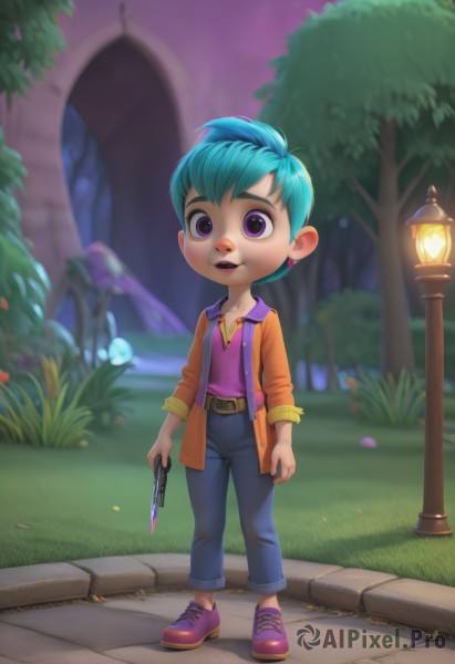 1girl,solo,looking at viewer,smile,short hair,open mouth,shirt,holding,jewelry,blue hair,standing,purple eyes,jacket,full body,weapon,earrings,outdoors,open clothes,shoes,teeth,belt,pants,artist name,blurry,tree,aqua hair,blood,night,blurry background,watermark,grass,knife,denim,sneakers,child,web address,jeans,lantern,lamp,lamppost,green hair,holding weapon,vest,gun,makeup,lipstick,handgun,sleeves rolled up,mushroom