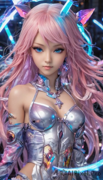 1girl,solo,long hair,breasts,looking at viewer,bangs,blue eyes,animal ears,cleavage,bare shoulders,jewelry,medium breasts,upper body,pink hair,earrings,detached sleeves,leotard,lips,science fiction,closed mouth,multicolored hair,small breasts,shiny,signature,necklace,armor,eyelashes,makeup,detached collar,glowing,headgear,realistic,arms at sides