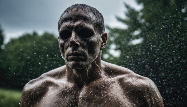 solo,1boy,closed mouth,collarbone,upper body,male focus,outdoors,blurry,tree,blurry background,parody,nature,snow,forest,snowing,realistic,bald,manly,black hair,sky,day,muscular,facial hair,shaded face,topless male