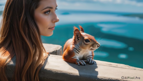 1girl,solo,long hair,smile,brown hair,brown eyes,closed mouth,outdoors,day,signature,water,blurry,from side,lips,profile,depth of field,blurry background,animal,cat,portrait,realistic,nose,pool,whiskers,sky,shadow,ocean,sunlight,horizon,looking afar,river