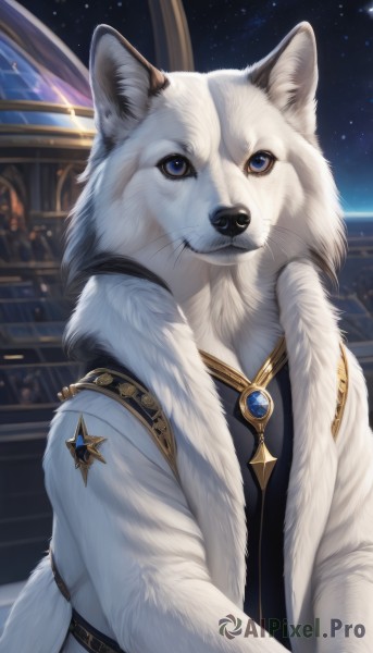 solo,looking at viewer,blue eyes,jewelry,jacket,upper body,open clothes,sky,indoors,star (symbol),no humans,night,animal,white jacket,brooch,gem,star (sky),night sky,starry sky,dog,space,animal focus,white fur,whiskers,blue gemstone,clothed animal,fluffy,closed mouth,artist name,signature,coat,fur trim,black shirt,fur collar,wolf