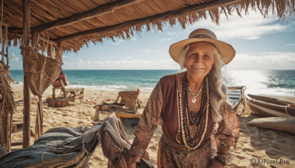 1girl,solo,long hair,looking at viewer,smile,gloves,hat,jewelry,closed eyes,braid,white hair,grey hair,earrings,outdoors,sky,teeth,day,cloud,water,necklace,grin,blue sky,tattoo,ocean,chair,beach,table,brown gloves,sand,brown headwear,arm tattoo,watercraft,old,ship,boat,old woman,breasts,blonde hair,long sleeves,ring,facing viewer,sun hat,hoop earrings,lounge chair