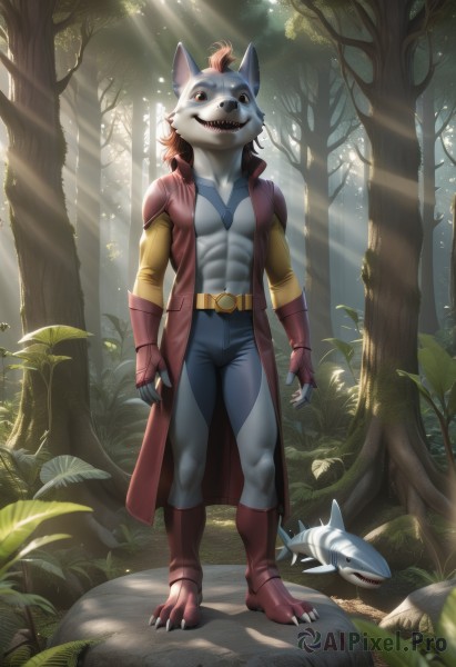 solo,looking at viewer,smile,open mouth,red eyes,gloves,long sleeves,1boy,animal ears,brown eyes,standing,jacket,tail,full body,male focus,red hair,boots,outdoors,open clothes,teeth,day,belt,pants,artist name,signature,fingerless gloves,armor,open jacket,tree,coat,muscular,leaf,fangs,watermark,brown footwear,black pants,abs,sunlight,wolf ears,grass,looking up,pectorals,sharp teeth,nature,claws,furry,buckle,forest,fish,open coat,light rays,belt buckle,blue pants,furry male,body fur,sunbeam,red coat,snout,weapon,two-tone hair,orange eyes,copyright name,heterochromia,polearm,topless male,rock,company name