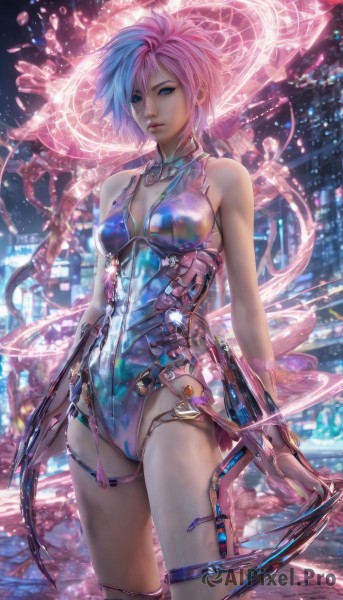 1girl,solo,breasts,looking at viewer,short hair,blue eyes,bare shoulders,medium breasts,blue hair,standing,weapon,pink hair,multicolored hair,cowboy shot,two-tone hair,leotard,lips,thigh strap,science fiction,realistic,blue leotard,cyborg,cyberpunk,jewelry,closed mouth,thighs,necklace,watermark,piercing,web address,arms at sides,magic circle