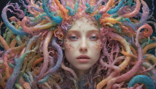 1girl,solo,long hair,looking at viewer,blue eyes,pink hair,parted lips,lips,grey eyes,portrait,tentacles,realistic,coral,teeth,eyelashes,facial mark,plant,forehead mark,jellyfish,seaweed