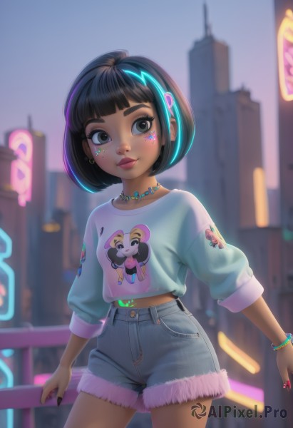 1girl,solo,looking at viewer,smile,short hair,bangs,shirt,black hair,hair ornament,brown eyes,jewelry,closed mouth,standing,multicolored hair,cowboy shot,earrings,outdoors,shorts,hairclip,midriff,dark skin,blunt bangs,necklace,nail polish,blurry,black eyes,bracelet,two-tone hair,dark-skinned female,lips,streaked hair,crop top,fingernails,looking to the side,fur trim,short shorts,eyelashes,tattoo,makeup,blurry background,facial mark,piercing,bob cut,denim,lipstick,building,child,long fingernails,blue shorts,denim shorts,pink lips,city,red lips,female child,midriff peek,print shirt,cutoffs,aqua nails,mascara,long sleeves,collarbone,choker,artist name,watermark,animal print,web address,eyeshadow,sign,nose,eyeliner,cityscape,skyscraper,sticker,neon lights