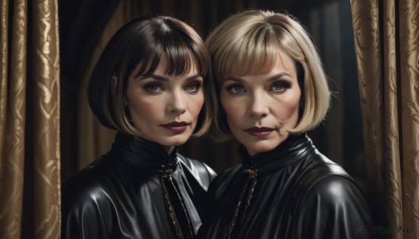 looking at viewer,smile,short hair,bangs,multiple girls,blonde hair,brown hair,black hair,2girls,brown eyes,closed mouth,upper body,multicolored hair,black eyes,lips,grey eyes,bodysuit,makeup,scar,bob cut,lipstick,realistic,red lips,latex,blue eyes,jewelry,earrings,shiny,parody,portrait