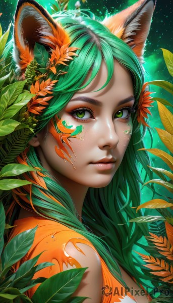 1girl,solo,long hair,looking at viewer,bangs,hair ornament,animal ears,closed mouth,green eyes,upper body,flower,green hair,artist name,cat ears,hair flower,from side,lips,fox ears,eyelashes,makeup,leaf,watermark,facial mark,plant,portrait,eyeshadow,freckles,nose,eyeliner,facepaint,mascara,bare shoulders,web address,light particles,realistic