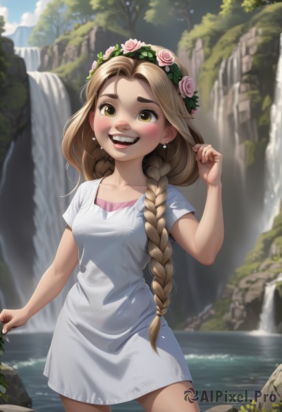 1girl,solo,long hair,breasts,looking at viewer,blush,smile,open mouth,blonde hair,brown hair,hair ornament,dress,brown eyes,jewelry,very long hair,standing,collarbone,yellow eyes,braid,flower,short sleeves,:d,cowboy shot,earrings,small breasts,outdoors,sky,teeth,day,hair flower,water,white dress,blurry,twin braids,tree,lips,wet,blurry background,rose,happy,nature,hair over shoulder,pink flower,wading,head wreath,waterfall,shirt,white shirt,hand up,single braid,thick eyebrows,white flower,freckles,rock,nose,cliff