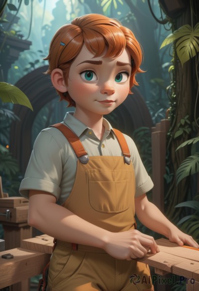 1girl,solo,looking at viewer,blush,short hair,bangs,brown hair,shirt,hair ornament,1boy,closed mouth,green eyes,standing,white shirt,short sleeves,cowboy shot,outdoors,day,hairclip,collared shirt,artist name,orange hair,aqua eyes,leaf,thick eyebrows,plant,child,nature,freckles,pocket,fence,female child,overalls,male child,wooden fence,blue eyes,male focus,red hair,tree,lips,aged down,forest,nose