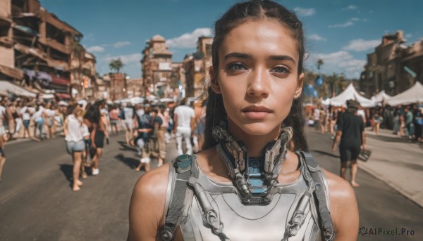 1girl,long hair,looking at viewer,brown hair,shirt,black hair,brown eyes,upper body,outdoors,multiple boys,sky,shorts,sleeveless,solo focus,day,dark skin,blurry,black eyes,blue sky,lips,building,science fiction,6+boys,realistic,cyborg,crowd,multiple girls,cloud,blurry background,robot,portrait,road